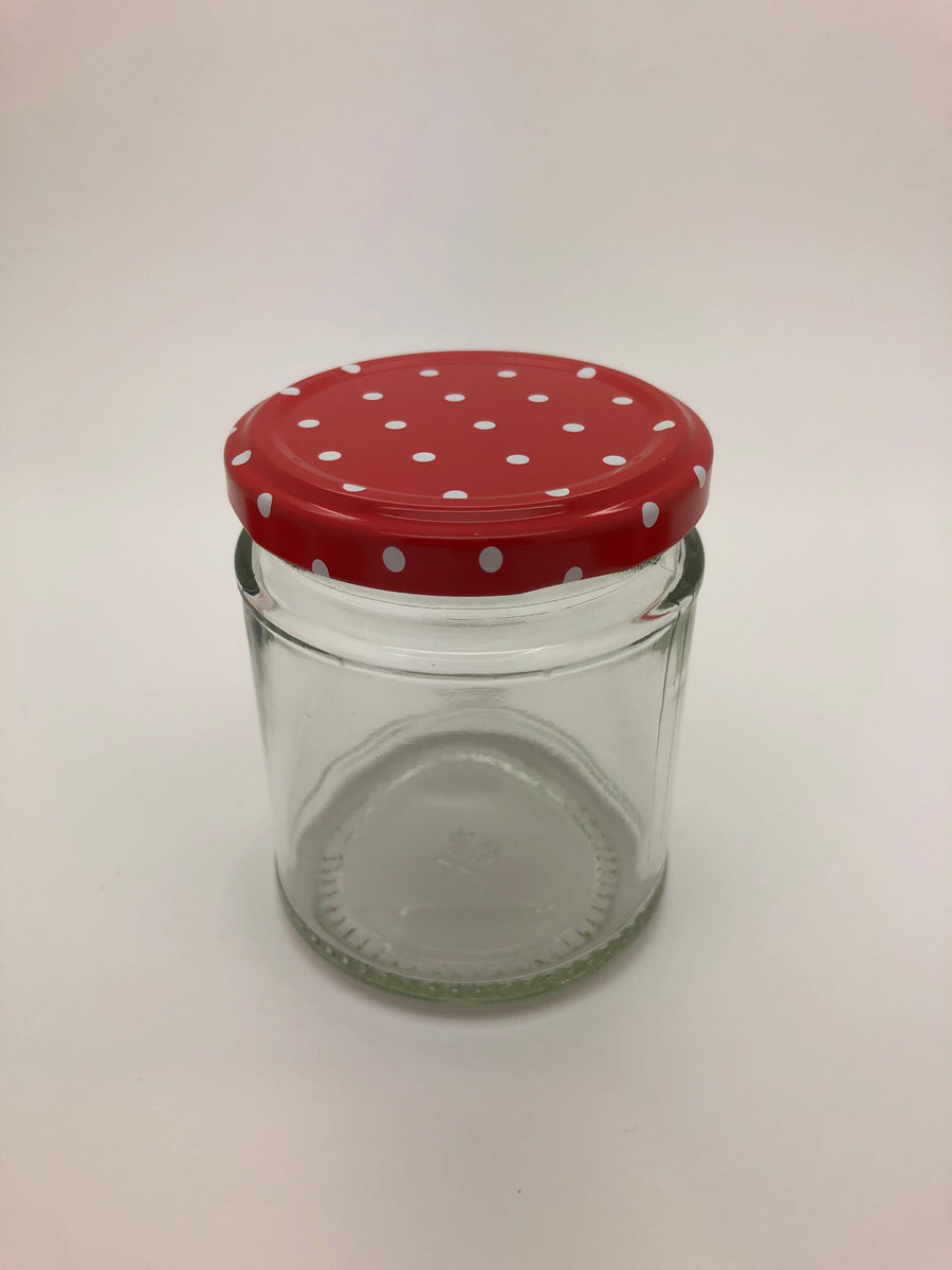 Round Glass Jam Jar with Red Spotty Lid 7oz (190ml) 63mm Jam Jar Shop