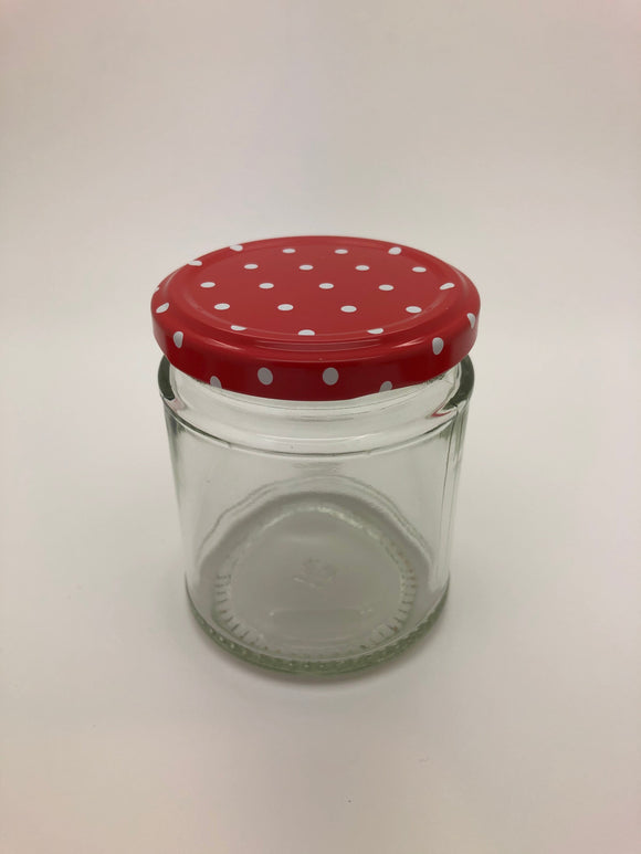 7oz (190ml) Panelled Round Glass Jar with 63mm red spotty twist lid